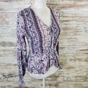 Derek Heart Blue Long Sleeve V-Neck Peasant Top Size Multiple